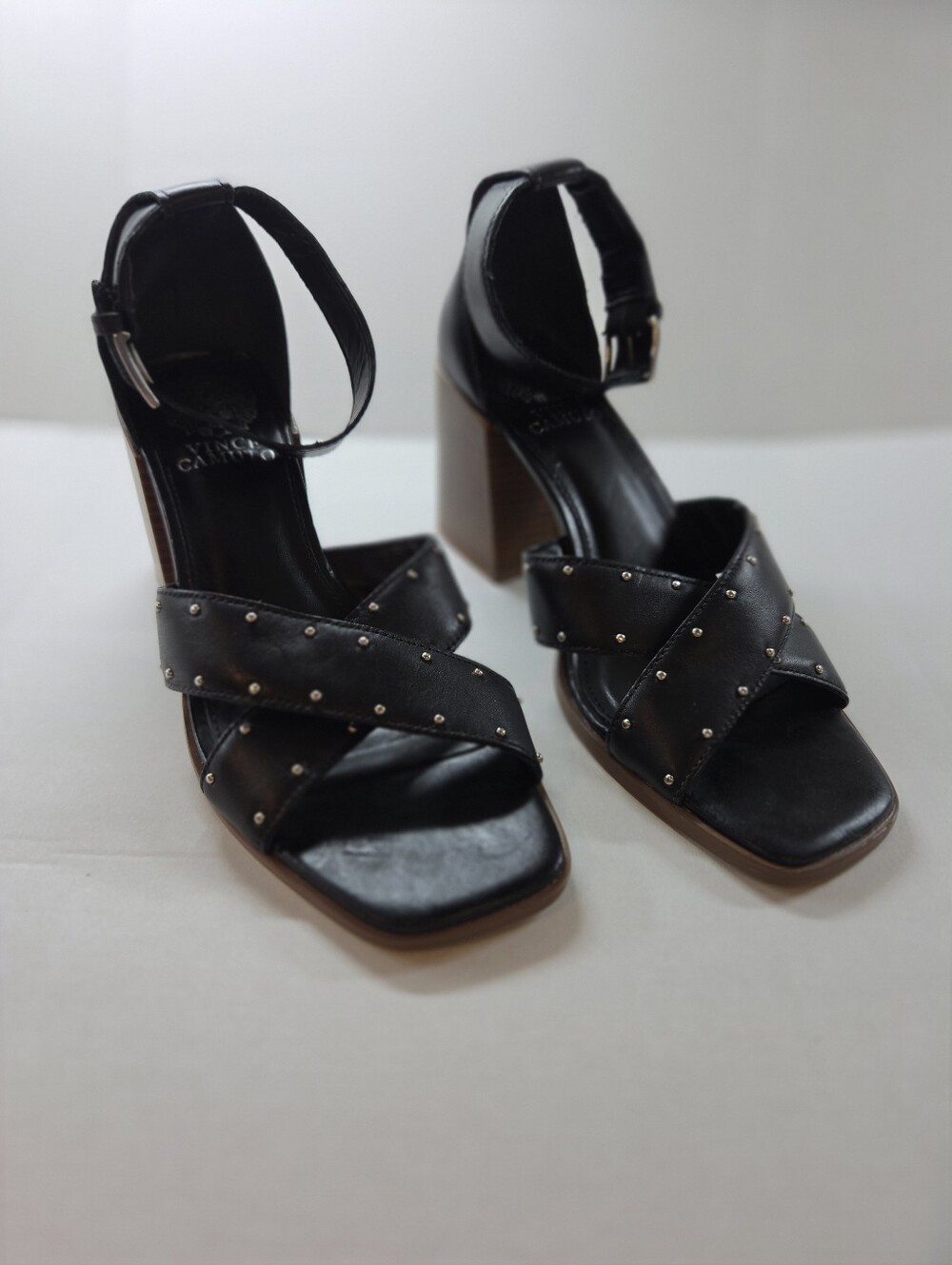 Vince Camuto Black Studded Block Heel Ankle Strap Sandals Women's Size 7.5